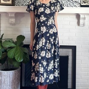 Vintage 90s Rampage Navy and White Daisy Polkadot Midi Dress Size S